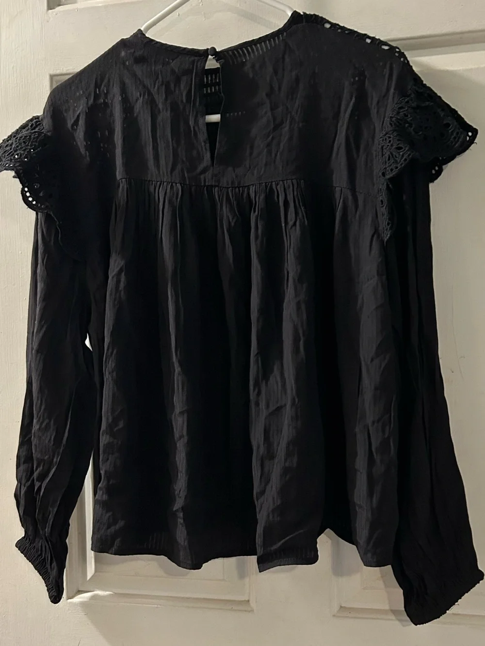 Zara Black Eyelet Yoke Long-Sleeve Blouse